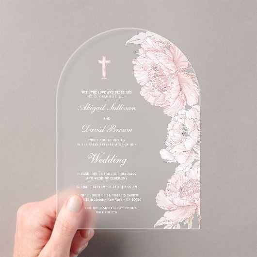 Dusty Pink White Peonies Arch Wedding アクリル招待状 (インサイチュ (ポータブル))