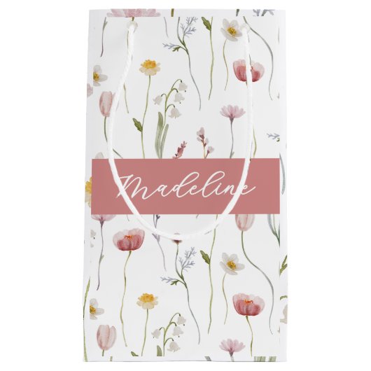 Dusty Pink Wildflower Watercolor Monogram スモールペーパーバッグ (正面)