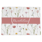 Dusty Pink Wildflower Watercolor Monogram Name ラージペーパーバッグ (正面)