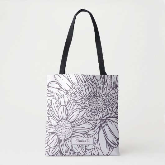 Dusty Plum Chrysanthemums Line Drawing with Name トートバッグ (正面)