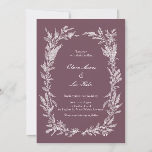 Dusty Plum White Line Art Botanical Wedding Invita 招待状 (正面)