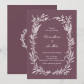 Dusty Plum White Line Art Botanical Wedding Invita 招待状 (正面/裏面)
