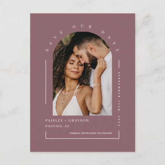 Dusty Purple Boho Arch写真QRコード救日付 ポストカード (正面)