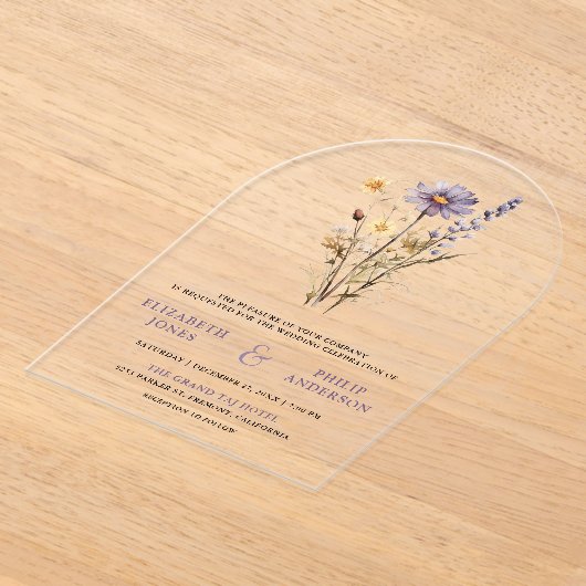 Dusty Purple Boho Wildflower Wedding アクリル招待状 (レイダウン)