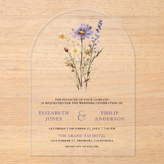 Dusty Purple Boho Wildflower Wedding アクリル招待状 (正面)