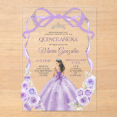Dusty Purple Floral Bow Ribbon Silver Mis Quince アクリル招待状 (正面)