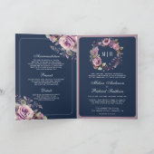 Dusty Purple Floral QR Code Navy Blue Wedding 招待状 (内部)