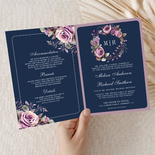 Dusty Purple Floral QR Code Navy Blue Wedding 招待状