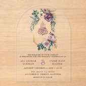Dusty Purple Gold Floral Crest Muslim Wedding アクリル招待状 (正面)