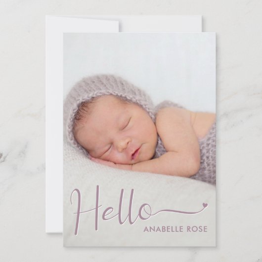 Dusty Purple Hello Baby Photo Birth Announcement 案内状 (正面)
