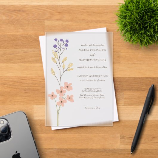 Dusty Purple, Peach Simple Floral Wedding アクリル招待状 (インサイチュ (招待状))