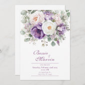 Dusty Purple Rose Peony Eucalyptus Watercolor 招待状 (正面/裏面)