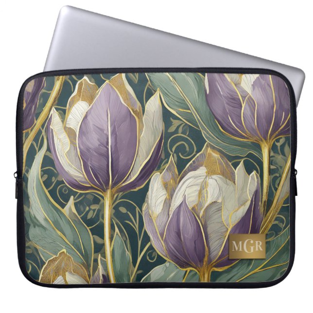 Dusty Purple Tulip Dream - Botanical Monogram ラップトップスリーブ (正面)