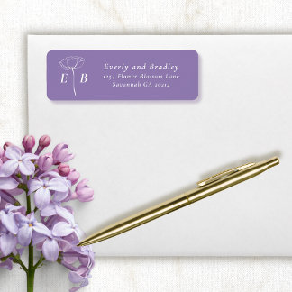 Dusty Purple White Monogram Floral Accent Address ラベル