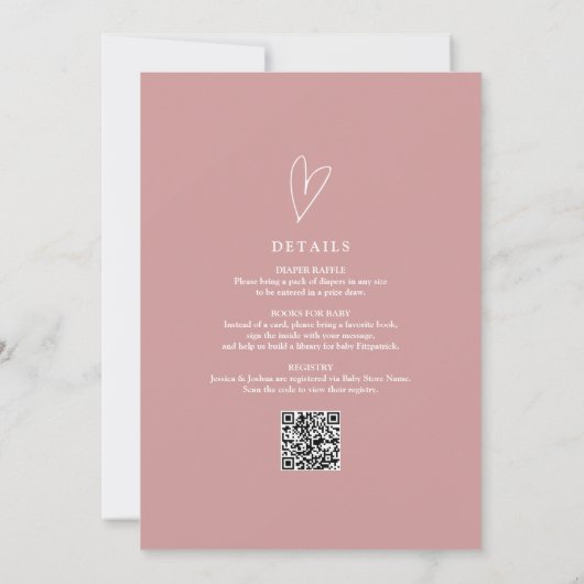 Dusty Rose All In One QR Code Hello Baby Shower 招待状 (裏面)