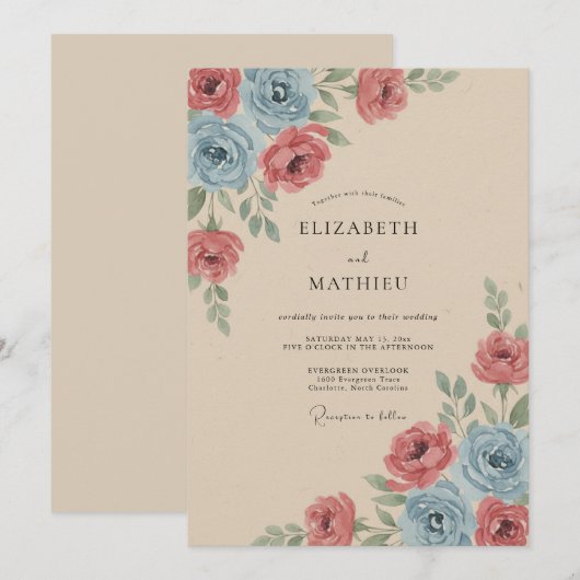 Dusty Rose Artistic Rustic Wedding 招待状 (正面/裏面)