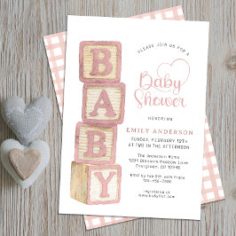 Dusty Rose Baby Blocks Baby Shower Cottage Gingham 招待状