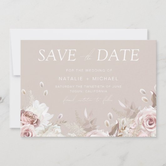 Dusty Rose & Beige Boho Floral Blush Wedding セーブザデート (正面)