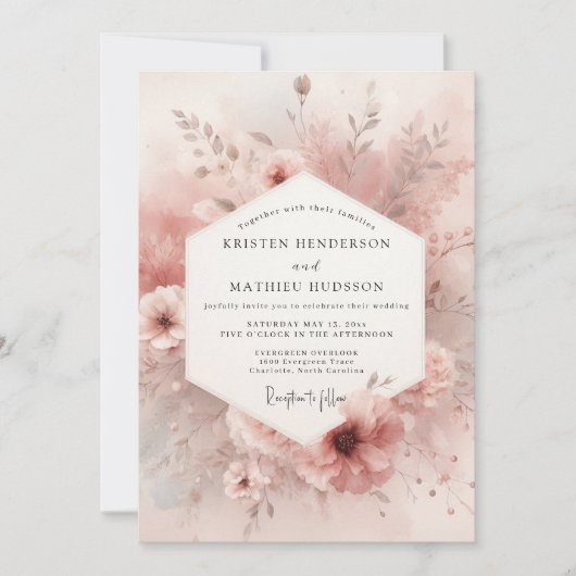 Dusty Rose Bloom Elegance Wedding 招待状 (正面)