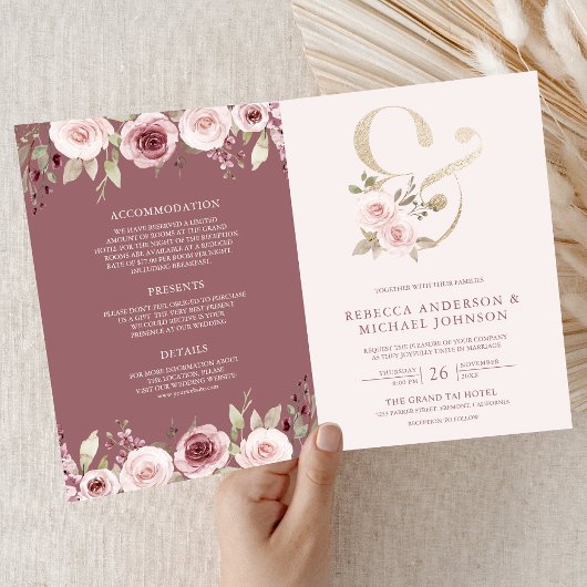 Dusty Rose Blush Floral Ampersand QR Code Wedding 招待状
