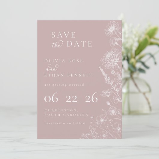 Dusty Rose Botanical Minimal Wedding Save the Date (スタンド正面)