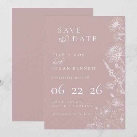 Dusty Rose Botanical Minimal Wedding Save the Date (正面/裏面)