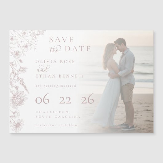 Dusty Rose Botanical Photo Wedding Save the Date (正面)