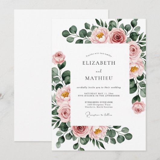 Dusty Rose Botanical Spring Wedding 招待状 (正面/裏面)