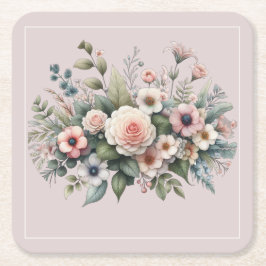 Dusty Rose Botanical Wedding Floral Watercolor スクエアペーパーコースター