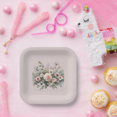 Dusty Rose Botanical Wedding Floral Watercolor ペーパープレート (パーティー)