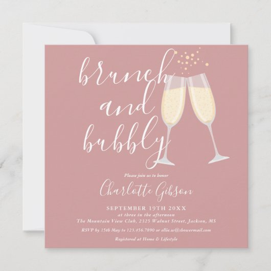 Dusty Rose Brunch Bubbly QR Code Bridal Shower 招待状 (正面)