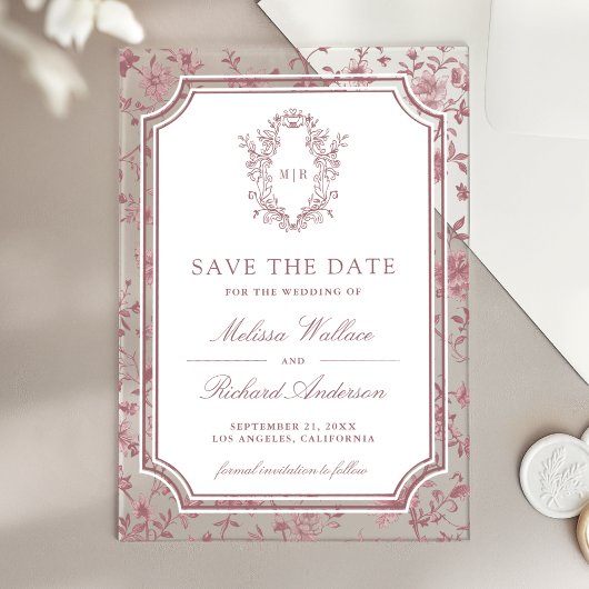 Dusty Rose Chinoiserie Crest Wedding Save the Date アクリル招待状