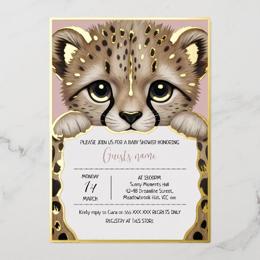 Dusty Rose Cub Baby Shower 箔招待状 (正面)