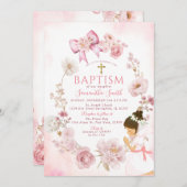 Dusty Rose Dreamy Floral Frame Cross Baptism 招待状 (正面/裏面)