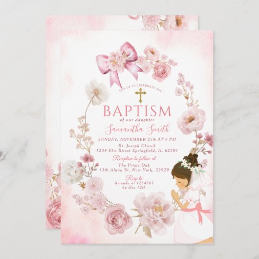 Dusty Rose Dreamy Floral Frame Cross Baptism 招待状 (正面/裏面)