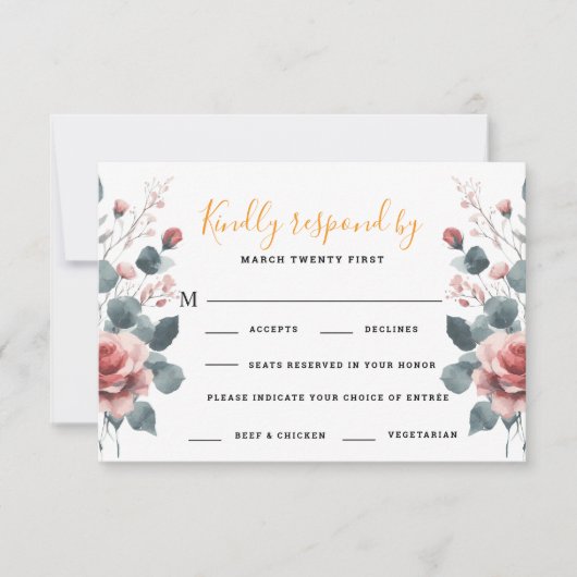 Dusty Rose Elegant 2 Meal Choice Greenery Floral 出欠カード (正面)