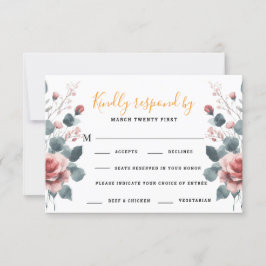 Dusty Rose Elegant 2 Meal Choice Greenery Floral 出欠カード