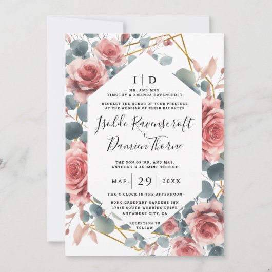 Dusty Rose Elegant Pink Mauve Gold Floral Wedding 招待状 (正面)