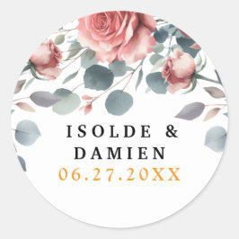 Dusty Rose ElegantPink Mauve Greenery Floral Gold  ラウンドシール