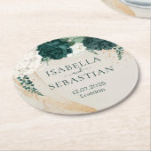 Dusty Rose Emerald Botanical Wedding ラウンドペーパーコースター (アングル)