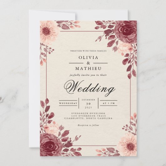 Dusty Rose Floral Arch Flourish Wedding 招待状 (正面)