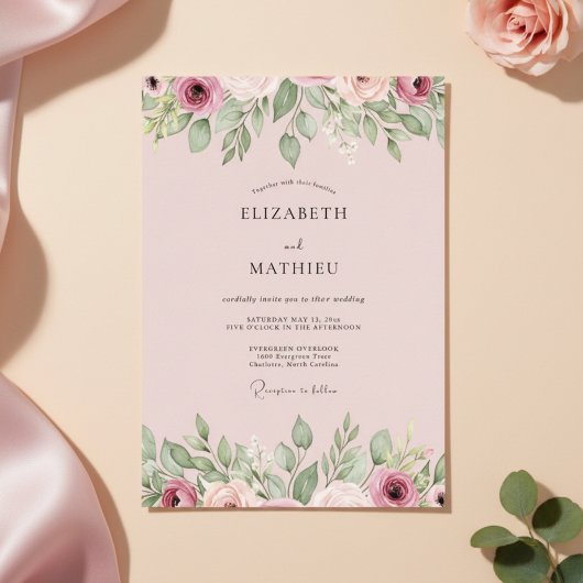 Dusty Rose Floral Bloom Wedding 招待状