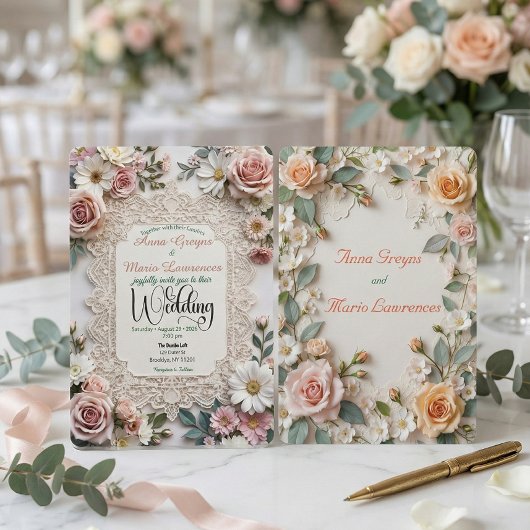 Dusty Rose Floral Faux Lace Photo Wedding 招待状