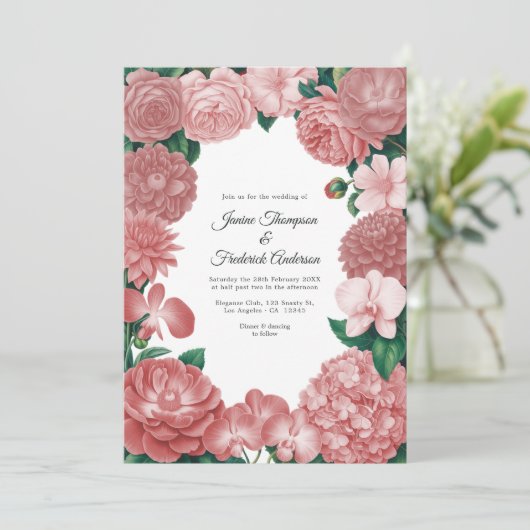 Dusty Rose Floral Photo and QR Code Wedding 招待状 (スタンド正面)