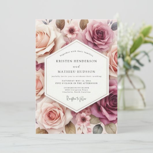 Dusty Rose Floral Romance Wedding 招待状 (スタンド正面)