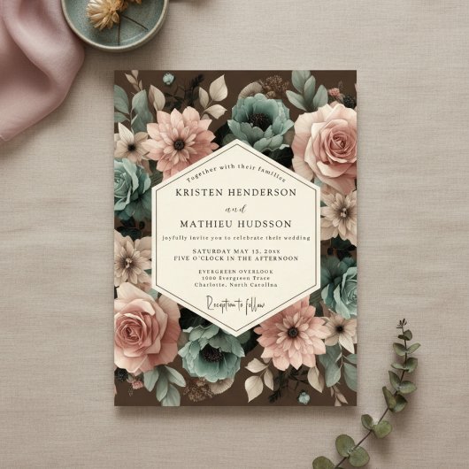 Dusty Rose Floral Romance Wedding 招待状