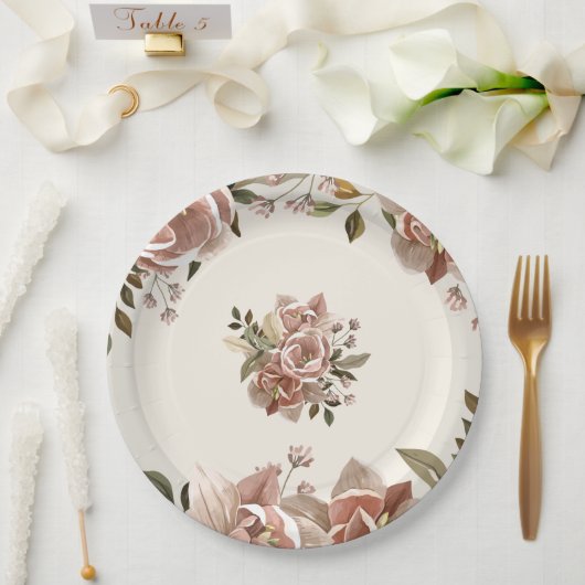 Dusty Rose Floral Wedding Paper Plate ペーパープレート (ウェディング)