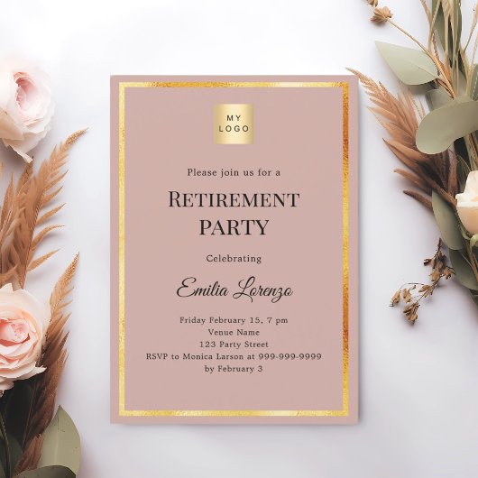 Dusty rose gold retirement party business logo 招待状