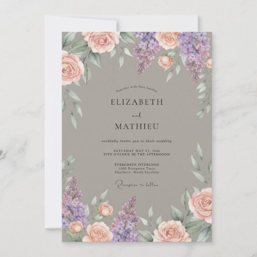 Dusty Rose Lilac Botanical Flourish Wedding 招待状 (正面)