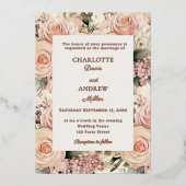 Dusty rose mauve ivory florals luxury wedding rose 箔招待状 (正面)